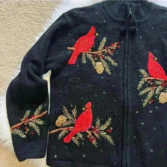 Heirloom Collectibles Vintage 2004 Christmas Sequin Cardinal Print Petite Large - Picture 3 of 8